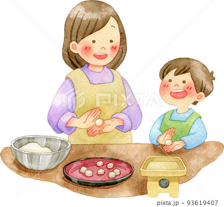 月見団子を作る親子のイラスト 月見団子を作る親子のイラスト 93619407