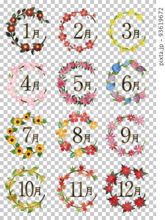 12 個月的時令花卉和月份名稱 93619672