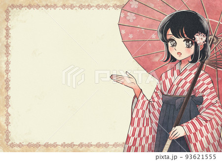 和傘を持って矢絣模様の着物と袴を身に着けた女学生のアイキャッチ 93621555