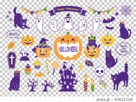 黒猫とハロウィンのイラストセット 93622104