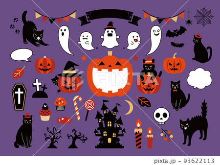 黒猫とハロウィンのイラストセット 93622113