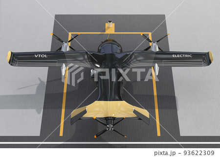 駐機場に充電中のeVTOL垂直離着陸機のイメージ。電動空飛ぶクルマのコンセプト 93622309