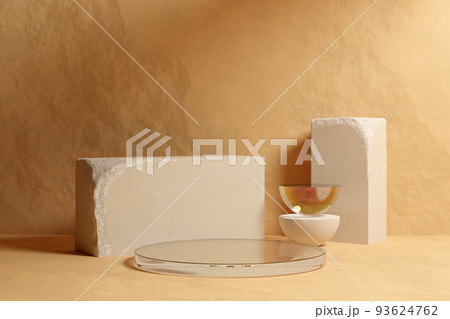 Beige stone room with glass podium. Two white sandstone blocks and glass half-sphere on natural beige stone with soft shadow.Concept of shop product or cosmetic display stand background, mock up.  93624762