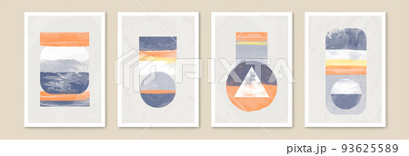 Organic abstract paint art for bathroom. Geometric minimalist shapes watercolor drops, vertical 50s texture aesthetic. Contemporary wall decoration. Minimal bright design background vector poster set 93625589
