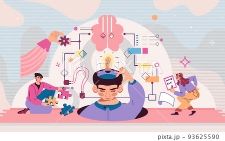 Complex decision challenge. Business skills. Correct management process. Puzzle quest. People search solutions. Smart persons find idea. Analytical brain. Rational mind. Vector cartoon illustration 93625590