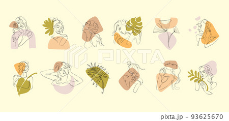 Woman line face. Beauty drawing. Abstract paper art shape. Cubism style. Minimal female portraits set. Plant brunch. Palm leaves. Color spots. Lady heads and hairstyles. Vector minimalist illustration 93625670