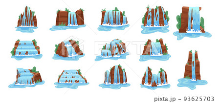 Cascade waterfall. Island jungle hill. Lake line. Water fall in river. Mountain rock. Coastal cliff. Aquatic flood. Landscape scenic elements set. Aqua stream. Wild nature. Vector cartoon illustration 93625703
