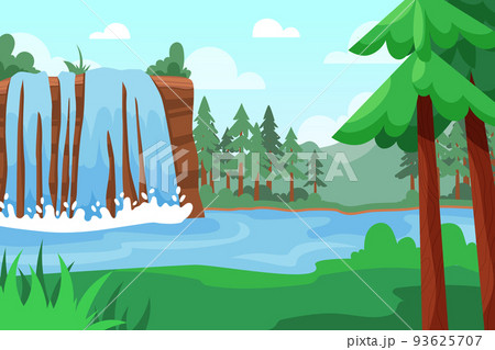 Jungle waterfall. Scenic river in mountain. Water cascade fall in lake. Creek stream. Forest landscape. Fantasy rocky panorama. Grass field. Wild nature. Summer scenery. Vector illustration background 93625707