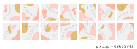 Abstract shape background, doodle pattern geometric minimal collection. Bright cartoon graphic round organic forms and spirals grid. Pastel colors. Social media post template. Vector simple design set 93625742