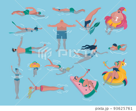 People in swimming pool. Happy swimmers diving or lying on inflatable mattresses. Women characters in water. Kid persons fun. Active man floating in aqua. Summer vacation. Vector cartoon illustration People in swimming pool. Happy swimmers diving or lying on inflatable mattresses. Women characters in water. Kid persons fun. Active man floating in aqua. Summer vacation. Vector cartoon illustration 93625761