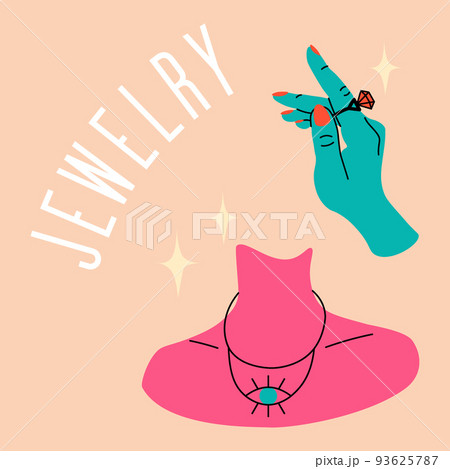 Jewelry poster. Ladies hand holding elegant expensive ring with precious gems. Jewel necklace on female neck. Shiny diamonds. Brilliant gemstones. Woman beauty. Luxury accessories. square card 93625787