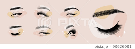 Set of minimalist female eyes on colored spots. Linear women lashes and brows. Vector illustration in one line drawing style. Perfect for logo 93626001
