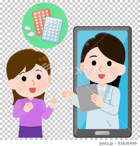 オンライン診察をする女医と女性　ピル処方　イラスト 93626499