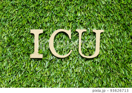 Wood alphabet letter in word ICU (abbreviation of intensive care unit) on green grass background 93626713