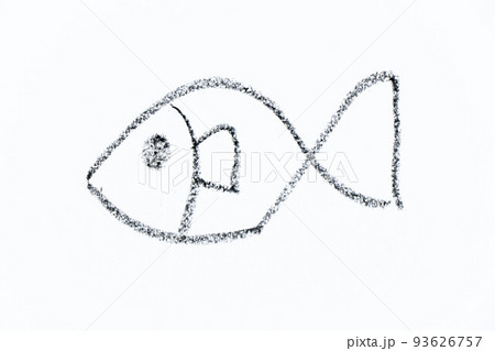 Black color crayon hand drawing in fish shape on white paper background 93626757