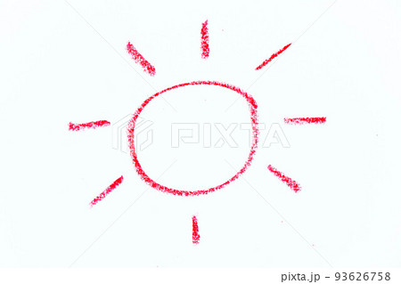 Red color oil pastel hand drawing in sun with ray shape on white paper background Red color oil pastel hand drawing in sun with ray shape on white paper background 93626758