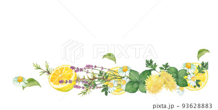 水彩で描いたハーブとレモンのブーケデコレーション 93628883