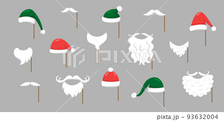 Christmas Santa hats, moustache, beard set for photo prop box. Vector stock illustration isolated on background for photo booth winter holiday industry. EPS10 93632004