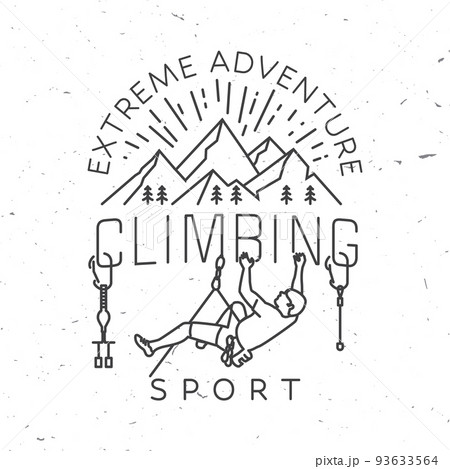 Climbing Club badge. Vector. Concept for shirt or logo, print, stamp or tee. Vintage line art typography design with climber, carabiners, climbing cams, hexes and mountain. Extreme adventure. Climbing Club badge. Vector. Concept for shirt or logo, print, stamp or tee. Vintage line art typography design with climber, carabiners, climbing cams, hexes and mountain. Extreme adventure. 93633564