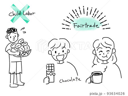 カカオ産業の児童労働とチョコを食べる笑顔の子どものイラスト 93634026