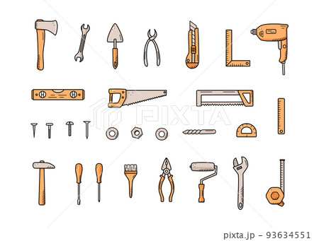 Construction tools, doodle vector set of repair elements, cartoon icons Construction tools, doodle vector set of repair elements, cartoon icons 93634551