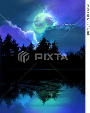神秘的な深い森の夜景と湖に反射した輝く満月の幻想的な背景イラストの