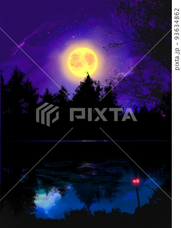 神秘的な深い森の夜景と湖に反射した輝く満月の幻想的な背景イラストの