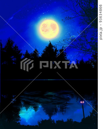 神秘的な深い森の夜景と湖に反射した輝く満月の幻想的な背景イラスト 神秘的な深い森の夜景と湖に反射した輝く満月の幻想的な背景イラスト 93634866