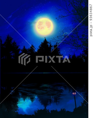 神秘的な深い森の夜景と湖に反射した輝く満月の幻想的な背景イラストの