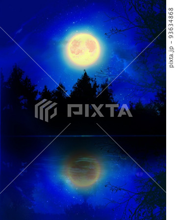 神秘的な深い森の夜景と湖に反射した輝く満月の幻想的な背景イラスト 神秘的な深い森の夜景と湖に反射した輝く満月の幻想的な背景イラスト 93634868