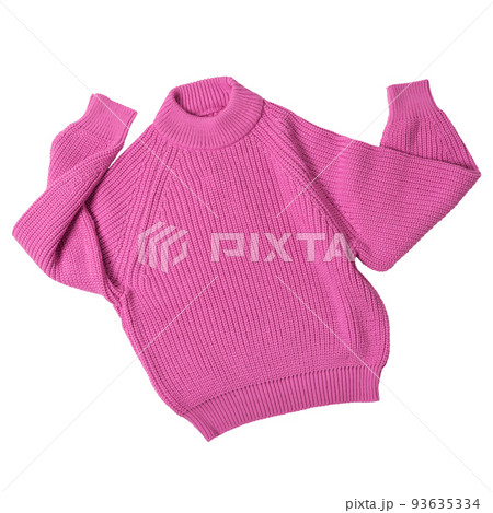 Pink knitted wool sweater, as if dancing with arms raised, on a white background 93635334