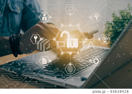 Casual Businessman Hand Touching Mobile Phone and Hexagon Unlock Security Sign in Vintage Tone Casual Businessman Hand Touching Mobile Phone and Hexagon Unlock Security Sign in Vintage Tone 93638428