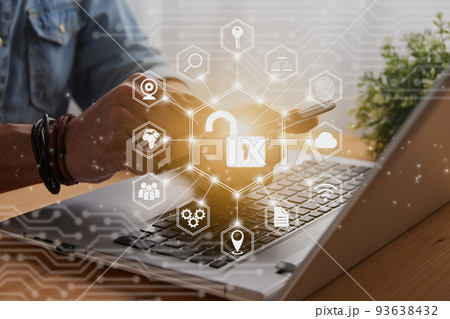 Casual Businessman Hand Touching Mobile Phone and Hexagonal Unlock Security Sign 93638432