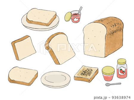 食パンとジャムの手描きイラストセット(カラー) 食パンとジャムの手描きイラストセット(カラー) 93638974