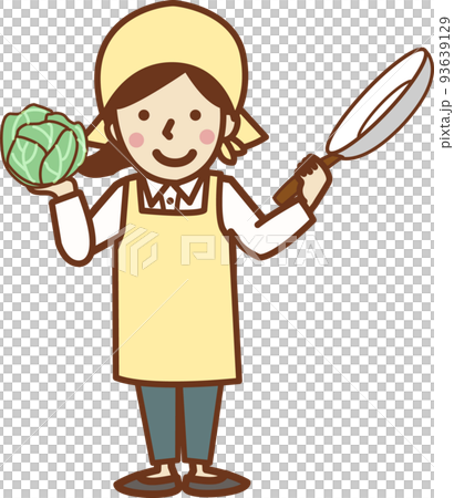 Smiling woman in apron holding cabbage and... - Stock Illustration ...