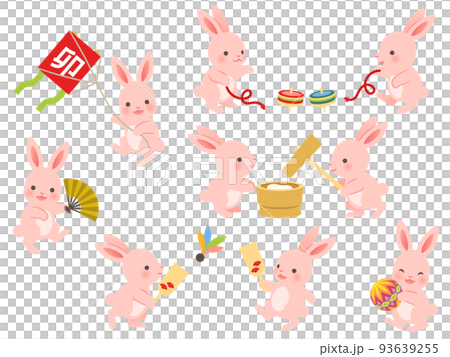 餅つきと正月の遊びをするウサギのイラストセット 餅つきと正月の遊びをするウサギのイラストセット 93639255