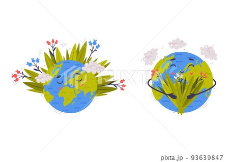 Smiling Earth Globe with Green Grass and Clouds as Ecology and Environment Protection and Conservation Vector Sticker Set 93639847