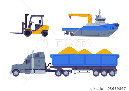 Industrial cargo transport set. Loaded dump truck, forklift and cargo ship flat vector illustration Industrial cargo transport set. Loaded dump truck, forklift and cargo ship flat vector illustration 93639867