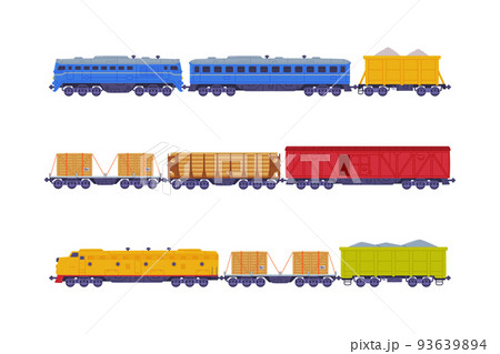 Freight railway transport set. Logistic and cargo transportation flat vector illustration 93639894