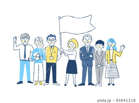 フラッグを持っている女性と数人のビジネスパーソン男女 フラッグを持っている女性と数人のビジネスパーソン男女 93641318