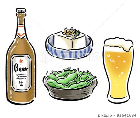 ビール瓶 グラスに入ったビール おつまみ(枝豆・冷ややっこ) 手描きイラスト ビール瓶 グラスに入ったビール おつまみ(枝豆・冷ややっこ) 手描きイラスト 93641634
