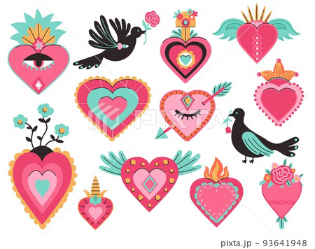 Traditional mexican hearts. Retro mexico heart sacred with gods eyes, flowers and wings. Sacrament tattoo template, bright love patch decent vector design 93641948