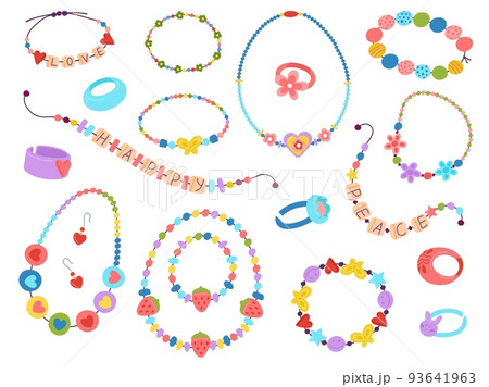 Plastic kids beads. Diy beading 00s accessories, braid bracelet and making necklace with letters. 90s style jewelry design, fashion children decent vector set 93641963