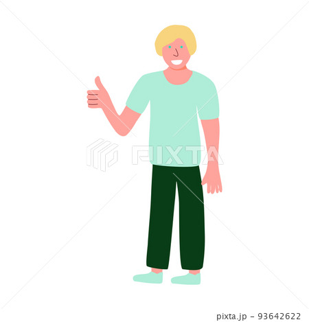Boy standing and showing positive emotions with thumb up gesture, approval sign, flat vector 93642622