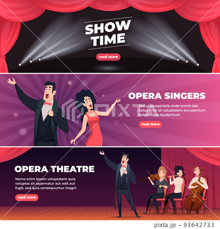 Theatral banners. Outdoor opera singers luxury artists music classical persons exact vector banners with place for text Theatral banners. Outdoor opera singers luxury artists music classical persons exact vector banners with place for text 93642733