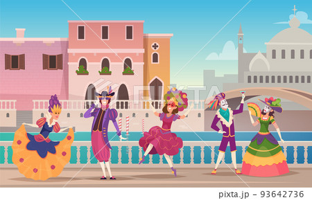 Carnival background. Venetian entertainment fashioned characters dancing in beautiful costumes and masks exact vector colored template Carnival background. Venetian entertainment fashioned characters dancing in beautiful costumes and masks exact vector colored template 93642736