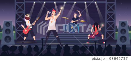 Rock concert. Entertainment with musicians with rock guitars exact vector cartoon background with music band characters 93642737