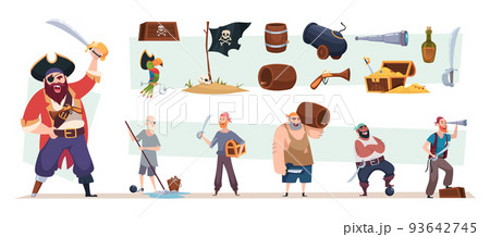 Pirates. Aggressive ocean sailors with weapon standing in action poses exact vector cartoon templates 93642745