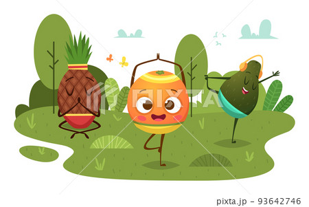 Fruits characters. Sport healthy fruits making exercises yoga relax poses exact vector mascot cartoon background 93642746