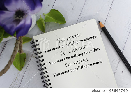 Motivational quote on notepad with potted plant. 93642749